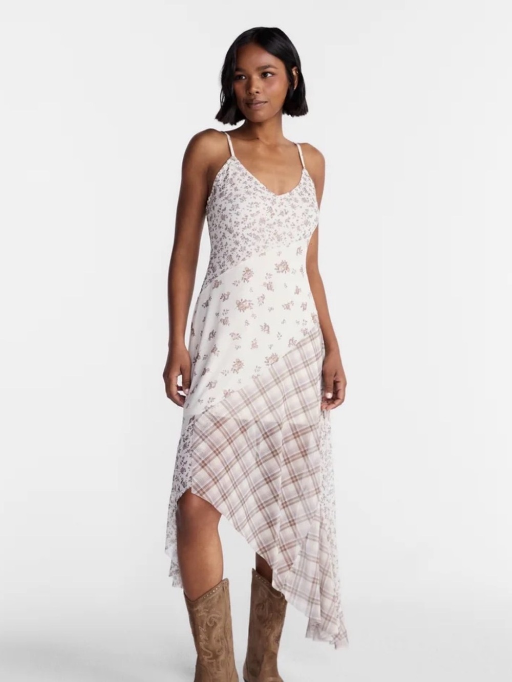 No Boundaries Cream and Light Brown Asymmetrical Slip Dress